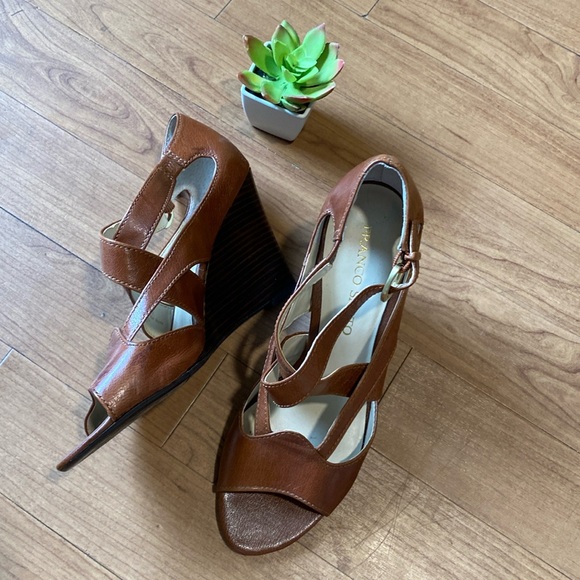 FRANCO SARTO Wedge Sandal Open Toe Shoes Brown - Picture 1 of 9